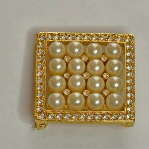 Joan Rivers Square Cluster Faux Pearl Rhinestones Gold Tone Brooch-Incomplete